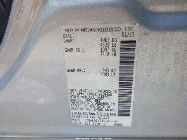 1N4BL4BV8MN353696 Nissan Altima S Fwd