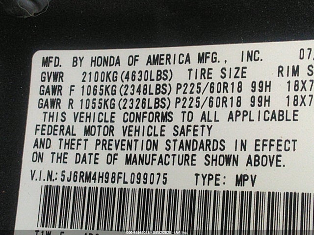 Honda Cr-v Touring 2015 5J6RM4H98FL099075 Image 9