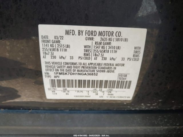 1FMSK7DH1NGA36852 Ford EXPLORER XLT