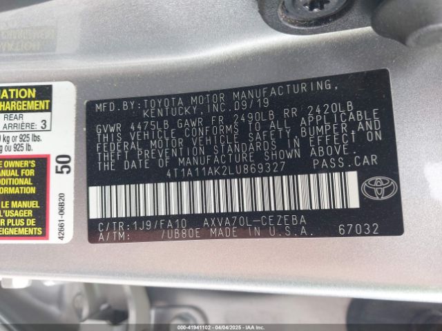 2020 TOYOTA CAMRY 4T1A11AK2LU869327 Photo 8