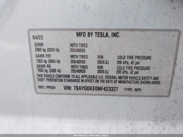 7SAYGDEE0NF423327 Tesla Model Y Long Range Dual Motor All-wheel Drive