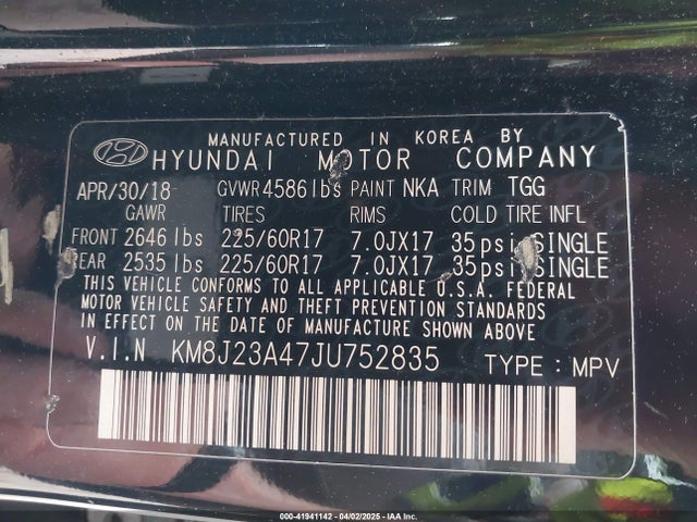 KM8J23A47JU752835 Hyundai TUCSON SE