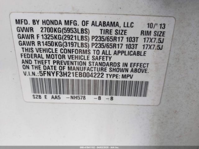 5FNYF3H21EB004222 Honda PILOT LX