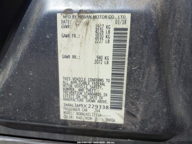 1N4AL3AP9JC229338 Nissan Altima 2.5 Sr