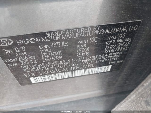5NMS3CAD4KH077198 Hyundai Santa Fe Sel Plus