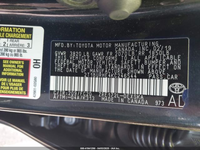 2019 TOYOTA COROLLA 2T1BURHE4KC246544 Photo 8