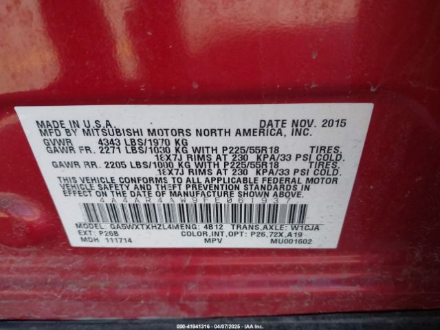 4A4AR4AW9FE061937 Mitsubishi Outlander Sport Gt