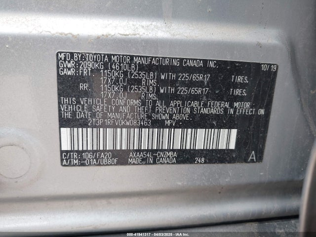 2T3P1RFV0KW083463 Toyota Rav4 Xle