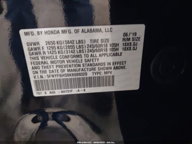 5FNYF6H59KB089320 Honda Pilot Ex-l