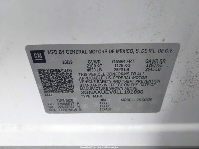 3GNAXUEV0LL191896 Chevrolet Equinox Awd Lt 1.5l Turbo