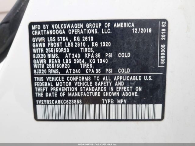 1V2YR2CA8KC623858 Volkswagen Atlas 3.6l V6 Se W/technology R-line