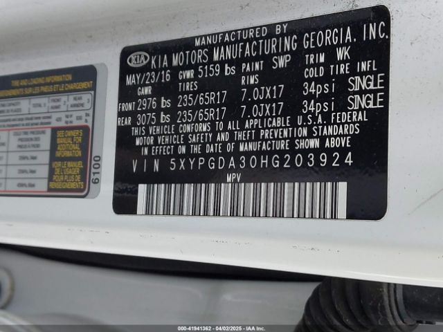 5XYPGDA30HG203924 KIA Sorento 2.4l Lx