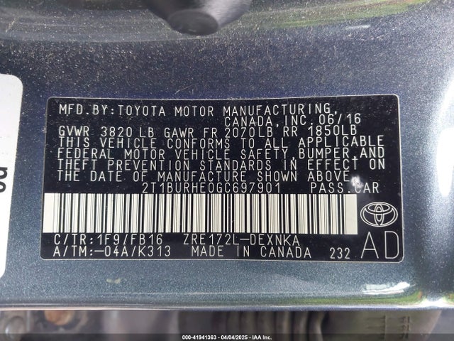 2T1BURHE0GC697901 Toyota COROLLA LE