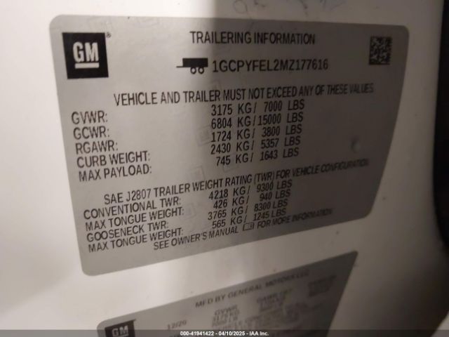 1GCPYFEL2MZ177616 Chevrolet Silverado 1500 4wd  Short Bed Lt Trail Boss