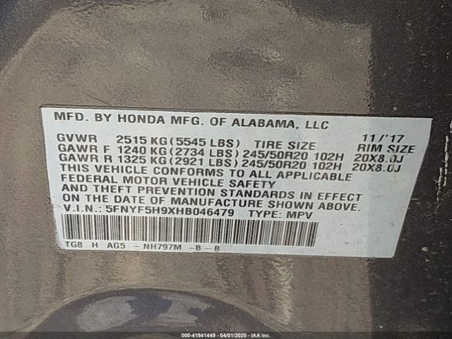 5FNYF5H9XHB046479 Honda Pilot Touring