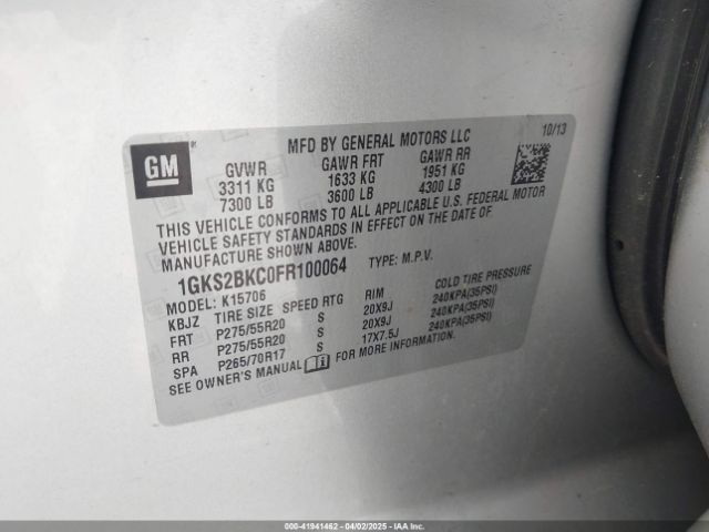 1GKS2BKC0FR100064 GMC YUKON SLT