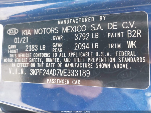 3KPF24AD7ME333189 KIA Forte Lxs