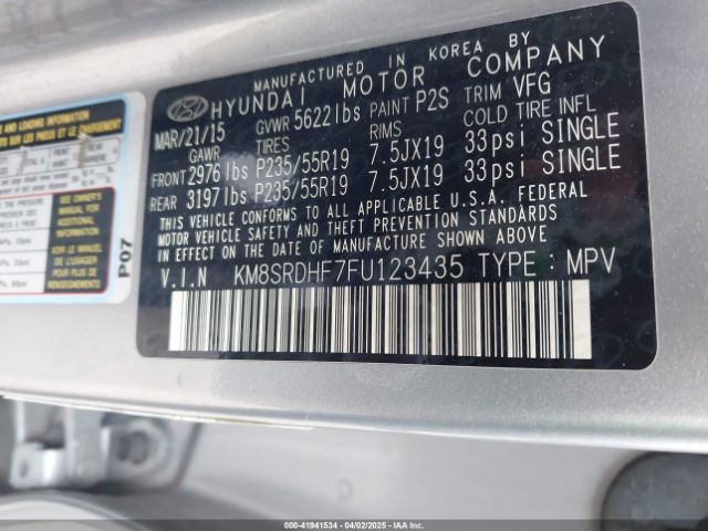 KM8SRDHF7FU123435 Hyundai Santa Fe Limited