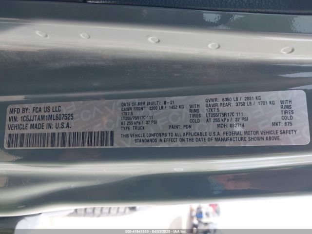 1C6JJTAM1ML607525 Jeep Gladiator Willys 4x4