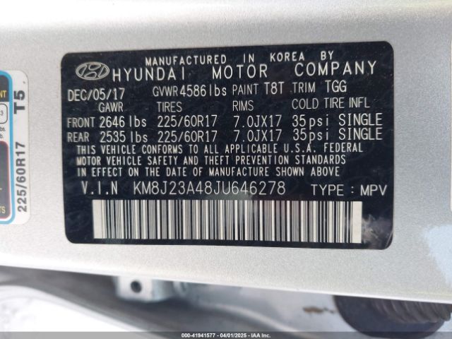 KM8J23A48JU646278 Hyundai TUCSON SE