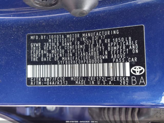 5YFBURHE0HP660008 Toyota COROLLA SE