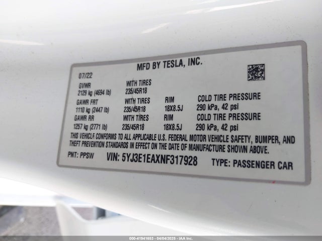 5YJ3E1EAXNF317928 Tesla MODEL 3