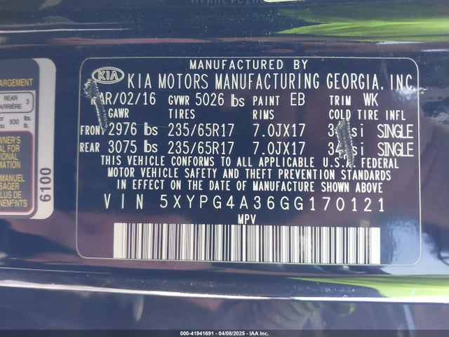 5XYPG4A36GG170121 KIA Sorento 2.4l Lx