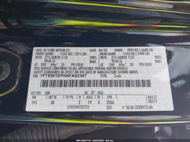 1FTEW1EP6NFA92347 Ford F-150 Xl