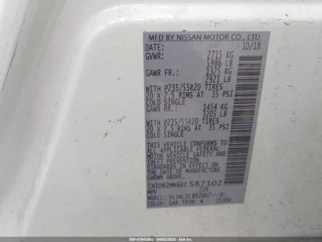 5N1DR2MN6KC587102 Nissan Pathfinder Platinum