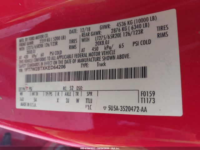 1FT7W2BTXKED64206 Ford F-250 Lariat