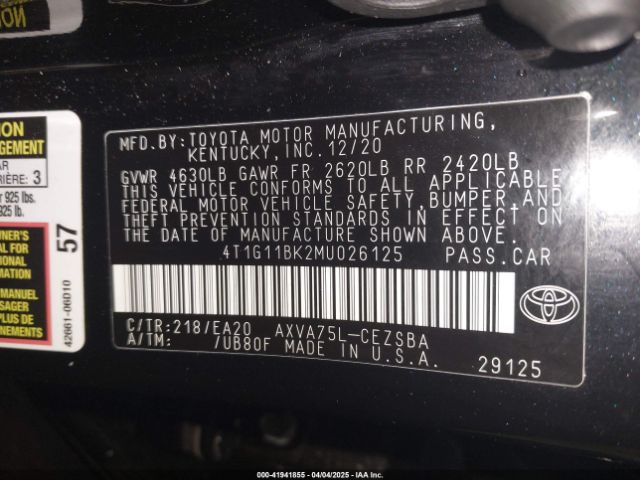 4T1G11BK2MU026125 Toyota Camry Se Awd