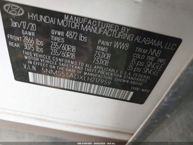 5NMS53ADXLH217959 Hyundai Santa Fe Limited
