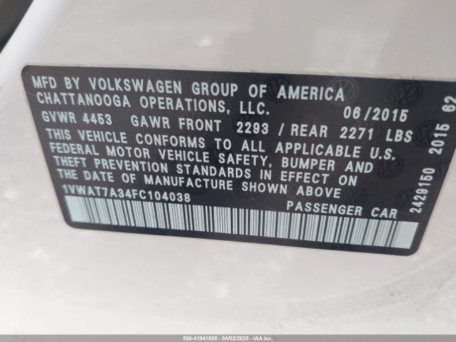 1VWAT7A34FC104038 Volkswagen Passat 1.8t S