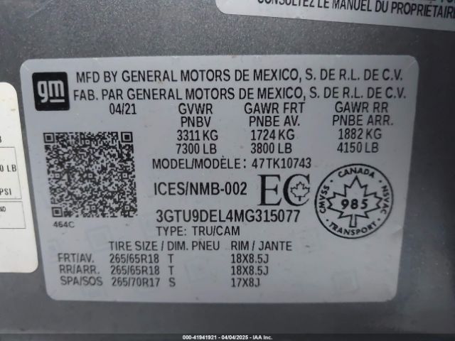 3GTU9DEL4MG315077 GMC Sierra 1500 4wd  Short Box Slt/4wd  Standard Box Slt