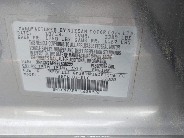 3N1CN7AP9EL838222 Nissan Versa S/s Plus/sv/sl