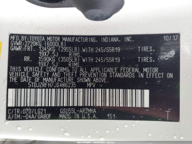 5TDJZRFH7JS486235 Toyota Highlander Se