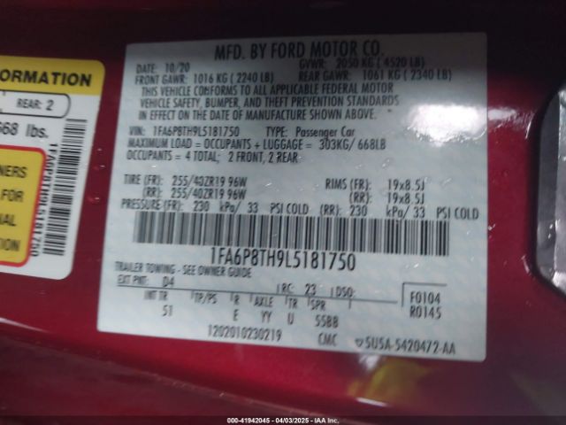 1FA6P8TH9L5181750 Ford Mustang Ecoboost Premium Fastback