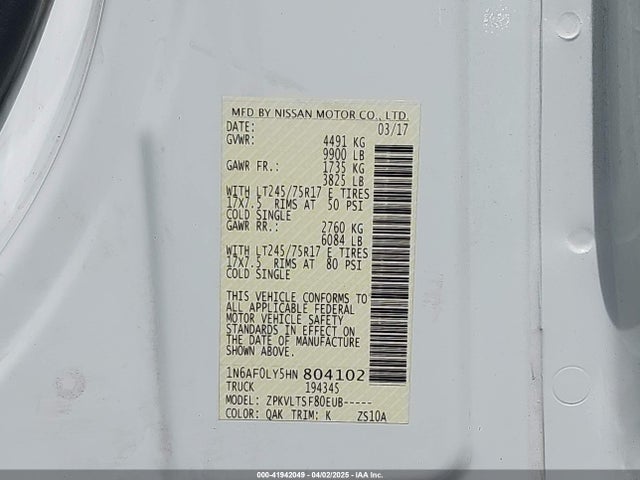 1N6AF0LY5HN804102 Nissan Nv Cargo Nv3500 Hd Sv V8
