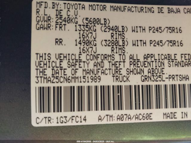 3TMAZ5CN6MM151989 Toyota Tacoma Sr5 V6
