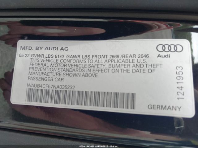 WAUB4CF57NA035232 Audi S5 Sportback Prestige Tfsi Quattro Tiptronic