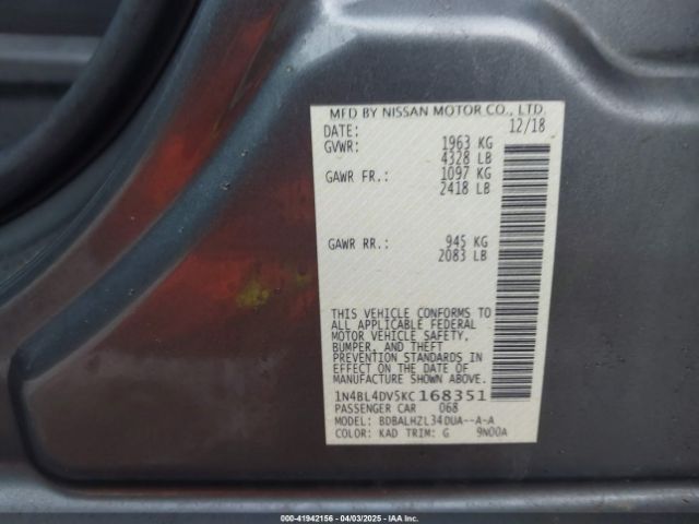 1N4BL4DV5KC168351 Nissan Altima 2.5 Sv