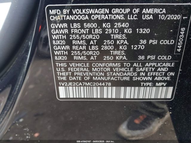 1V2JE2CA7MC204478 Volkswagen Atlas Cross Sport 3.6l V6 Se W/technology
