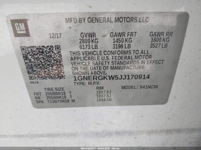1GNERGKW5JJ170914 Chevrolet Traverse 1lt
