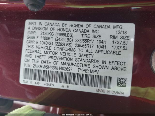 2HKRW5H33KH402697 Honda CR-V LX