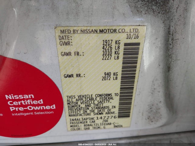 1N4AL3AP5HC147276 Nissan Altima 2.5 Sl