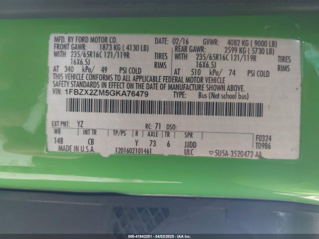1FBZX2ZM5GKA76479 Ford Transit-350 Xlt