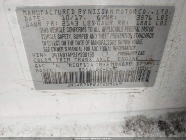 3N1AB7AP2JY209169 Nissan SENTRA SV