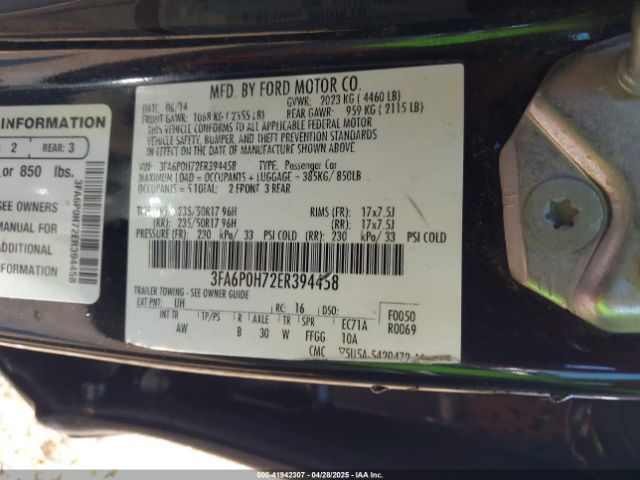 3FA6P0H72ER394458 Ford FUSION SE