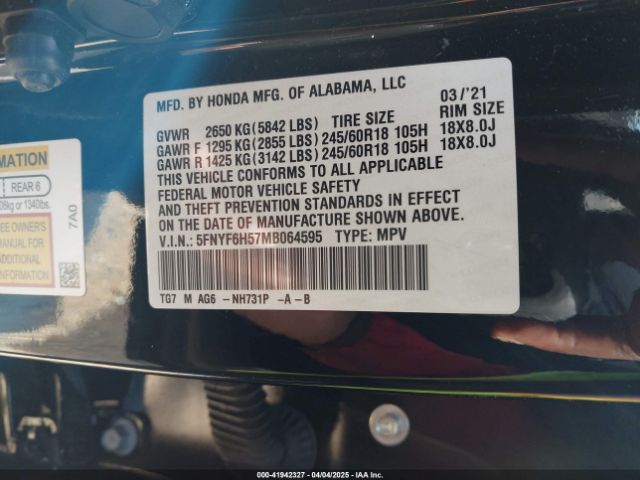 5FNYF6H57MB064595 Honda Pilot Awd Ex-l