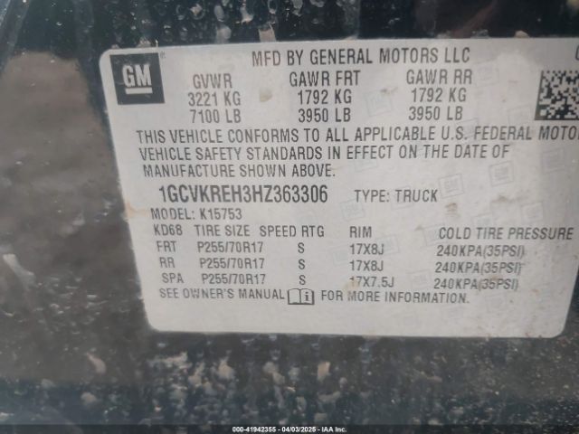 1GCVKREH3HZ363306 Chevrolet lv3 - gen 5, sidi, vvt: variable valve timing, e85 max, alum